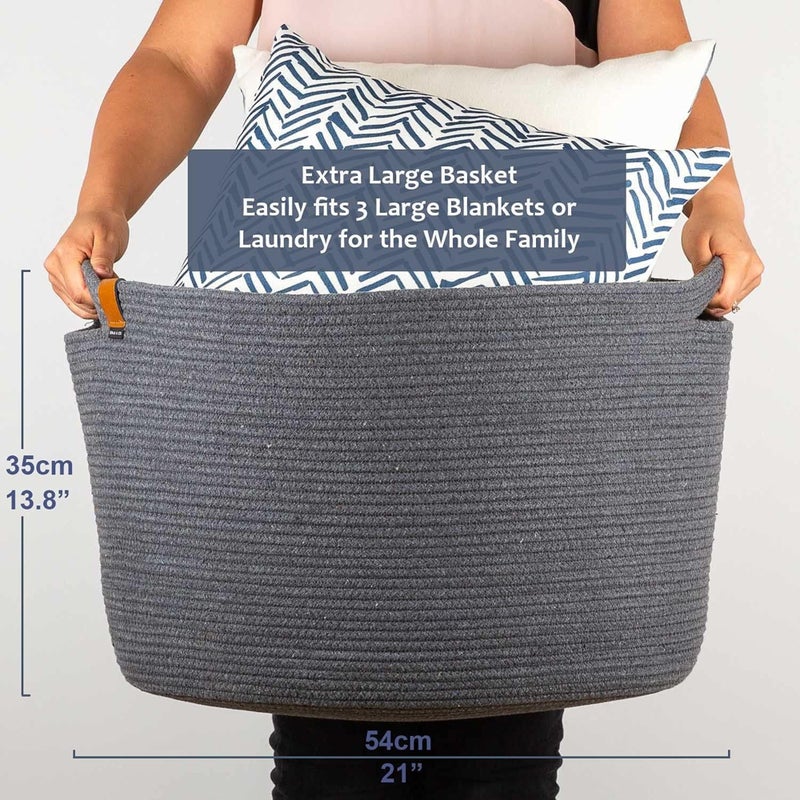 DENJA & CO Extra Large Blanket Basket for Living Room - Decorative Woven Baskets for Storage | Cotton Rope Large Baskets for Blankets, Pillows, Toys, or Laundry | Charcoal Gray (21" x 13.8") - Image 4